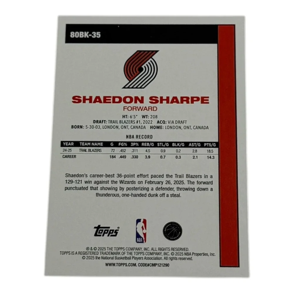 2025 Topps Shaedon Sharpe Portland Trail Blazers 45th Anniversary Card 80BK-35 - Picture 2 of 2